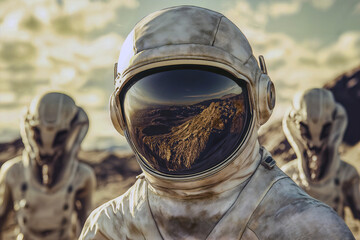 Group of alien and human astronauts in advanced spacesuits navigating an alien planet. Futuristic exploration theme showcasing extraterrestrial environment and technology.