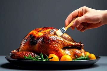 Aufkleber - Pixel art of a hand basting turkey with a simple brush in 8-bit style, using retro colors to evoke nostalgic cooking vibes
