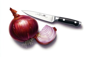 Poster - Simple 2D drawing of a knife slicing through an onion, capturing the action in a straightforward, colorful style on a white background