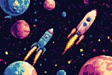 A playful pixel art space-themed seamless pattern featuring pixelated rockets, planets, and stars, perfect for sci-fi lovers, kids' room decor, or fun tech accessories