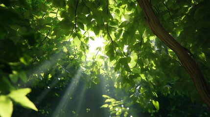 Poster - A lush green canopy with sunbeams filtering through the leaves