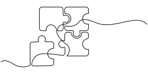 Puzzle pieces continuous line drawing. Problem solving solution business concept Vector illustration, Three puzzle pieces of one continuous line drawn. One hand-drawn line of jigsaw puzzle element. 