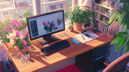 Poster - A neatly organized desk setup with simple stationery and potted plants. 