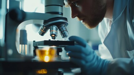 Poster - Scientist analyzes sample under microscope for groundbreaking research