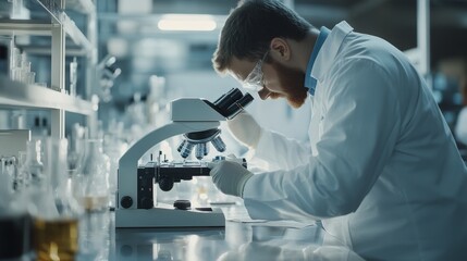 Poster - Scientist analyzes specimen under microscope in laboratory setting