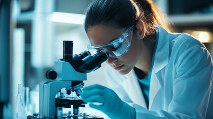 Poster - Dedicated scientist analyzes samples under microscope in laboratory