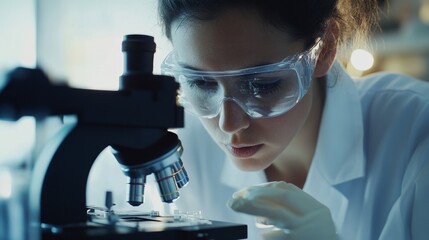 Poster - Scientist examines sample under microscope for research insights