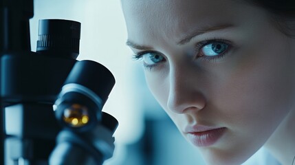 Poster - Woman analyzes samples using advanced microscope technology