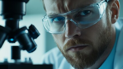 Poster - Scientist analyzes samples under microscope for groundbreaking research