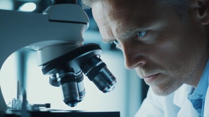 Poster - Scientist analyzes samples under microscope for groundbreaking research