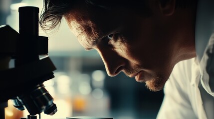 Poster - Scientist examines sample under microscope to uncover hidden details