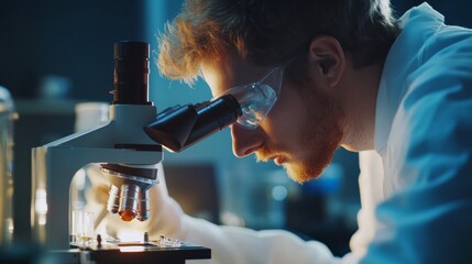 Poster - Scientist examines samples under microscope for research discoveries