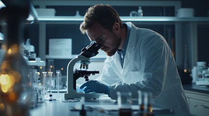 Poster - Scientist analyzes samples under microscope in modern laboratory