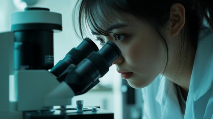 Poster - Scientist conducts research through microscope for groundbreaking discoveries