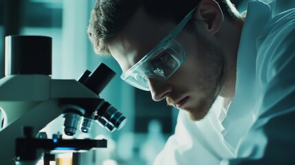 Poster - Scientist examines sample under microscope to advance research