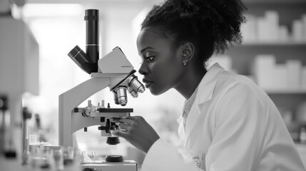 Poster - Scientist analyzes microorganisms under a microscope in laboratory setting