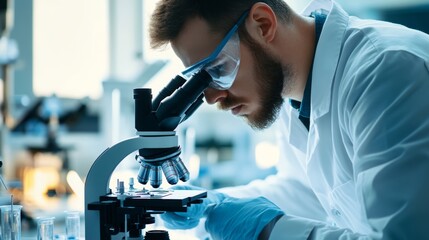 Poster - Scientist analyzes samples under microscope to uncover new discoveries