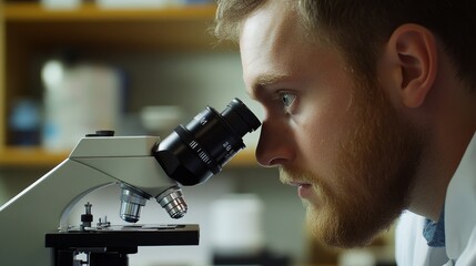Poster - Scientist observes microscopic details through a high-power microscope