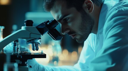 Poster - Scientist examines specimen under microscope for research purposes