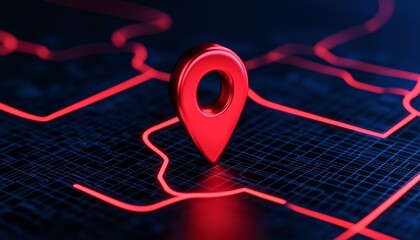 Poster - 3D  of a red location pin on a digital map background, symbolizing navigation and location tracking.