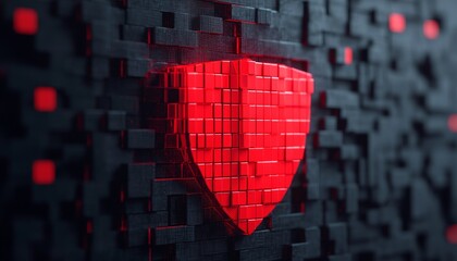 Poster - 3D red shield icon on a dark pixelated background, symbolizing security and protection.
