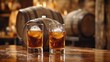 © vimp - Two glasses of whiskey filled with ice sit on a wooden table near aging barrels