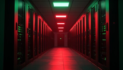 Poster - A corridor in a server room illuminated by red and green lights, showcasing rows of data storage units.
