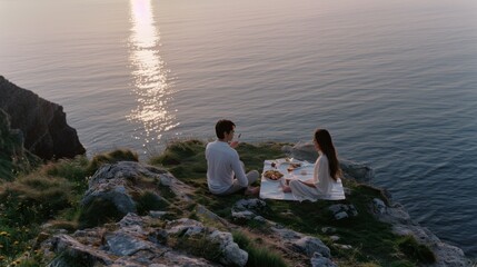 Wall Mural - A couple enjoys an intimate picnic on a cliff, overlooking the tranquil expanse of the ocean under a setting sun.