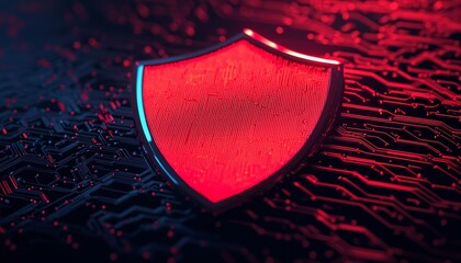 Poster - a striking red shield icon illuminated against a circuit board background, symbolizing digital secur