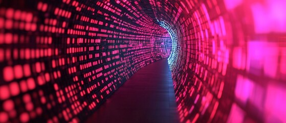Poster - A vibrant tunnel of digital data, illuminated with striking pink and blue lights, creating a futuristic ambiance.