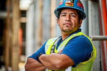 outdoor portrait of male worker wearing safety helmet