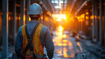 Poster - A construction worker stands in a partially finished building, watching the sunset illuminate the site. The warm light reflects off wet surfaces, creating a serene atmosphere.