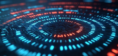 Poster - Abstract futuristic background with vibrant blue and red circular patterns, representing digital innovation and technology.