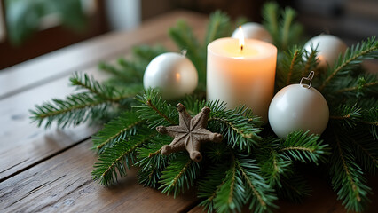 Aufkleber - A simple Christmas display features pine branches white ornaments and a single lit candle on a rustic wooden table