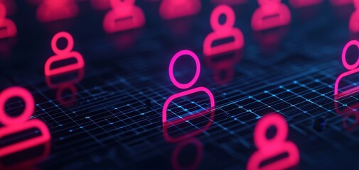 Poster - Digital representation of user profiles with vibrant neon colors against a dark background, symbolizing online connectivity.