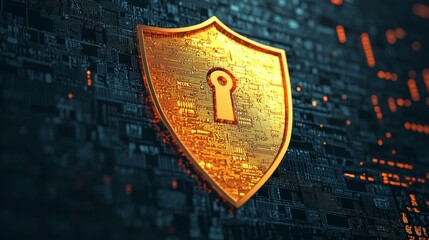 Poster - Digital shield symbolizing cybersecurity with a keyhole design, vibrant colors against a data background.