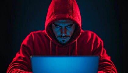 Poster - Focused individual in a red hoodie using a laptop in a dark environment.