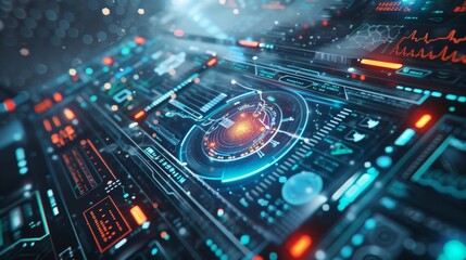 Aufkleber - Futuristic interface displaying complex data analysis and processing information with holographic charts, graphs, and indicators, representing advanced technology and innovation