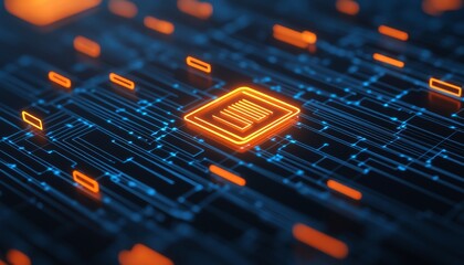 Poster - Futuristic circuit board design with glowing orange processor chip on blue background.