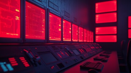 Poster - Futuristic control room with glowing red screens and panels, creating a high-tech atmosphere.