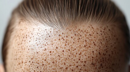 Aufkleber - A detailed close-up view highlights the unique texture of skin on a forehead, revealing numerous tiny spots under natural light, indicating specific skin conditions.