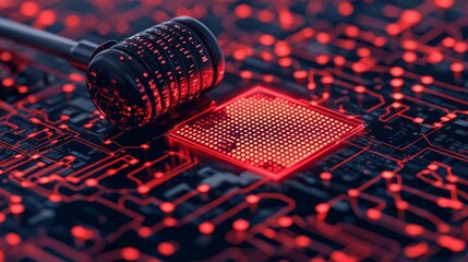 Poster - High-tech close-up of a red-lit microchip and a tool on a circuit board background, showcasing modern electronics.