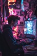 © Oscar - A young man intensely focused on his computer screen while gaming, surrounded by a cluttered room with clothes and snacks scattered around, glowing LED lights illuminating his space