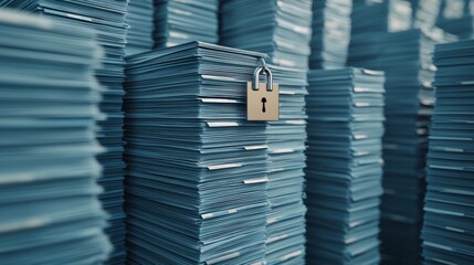 Poster - Stacks of secured documents with a padlock symbolizing data security and privacy.