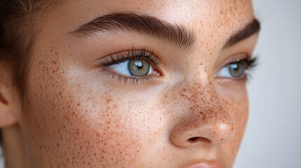 Poster - A young individual displays captivating green eyes and a myriad of freckles on their face, showcasing natural beauty illuminated by delicate lighting.