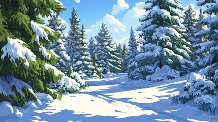 Poster - A peaceful, snow-covered forest with tall pines blanketed in white