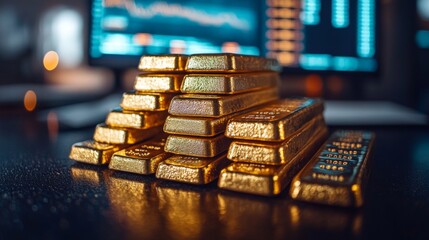Aufkleber - Brilliant gold bars are stacked meticulously in a dimly lit space. Behind them, monitors display rising financial charts, emphasizing a focus on investment strategies.