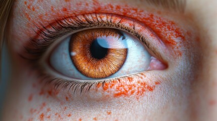 Poster - A stunning close-up reveals a human eye featuring a vibrant orange iris and freckles around the eyelid, showcasing intricate details and colors in soft, natural light.