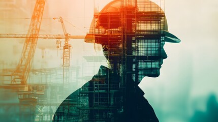 Poster - Construction Worker Silhouette with Crane Background