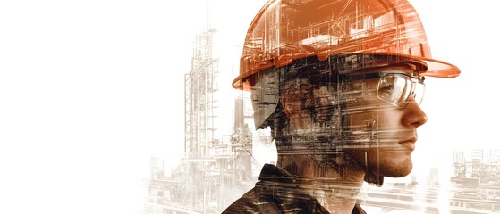 Poster - Engineer in Hard Hat with Overlay of Construction Site